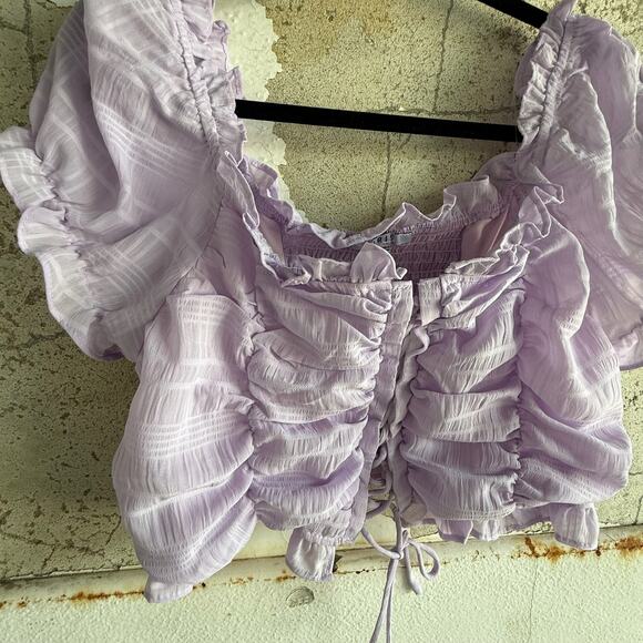 Lavender Ruched Peasant Crop Top Puff Sleeve Romantic Summer Blouse - Picture 2 of 7